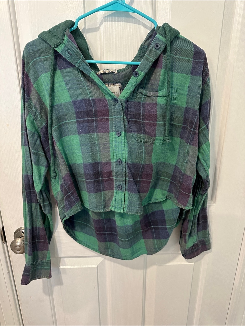American Eagle Outfitters Green Plaid Hooded Button-Front Top